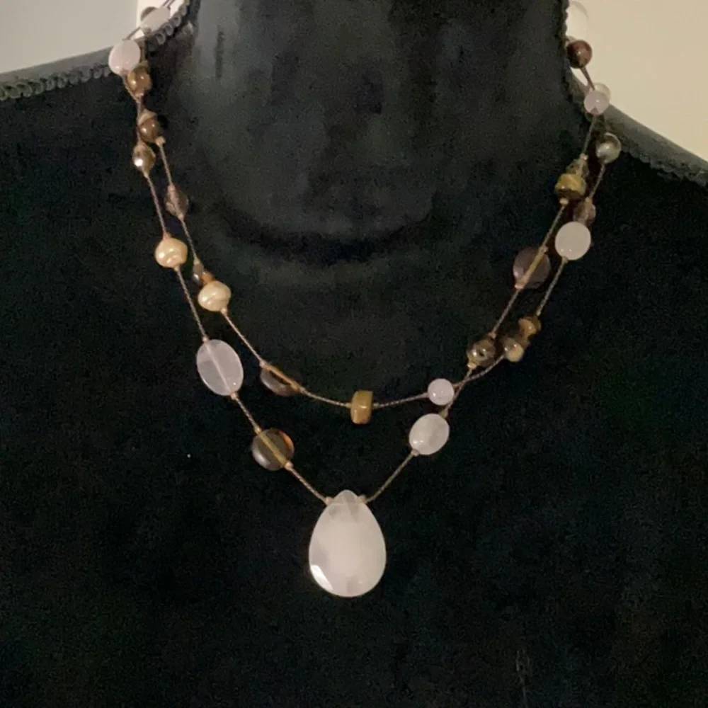 Lia Sophia Pink Quartz and Brown Multi-Strand Necklace